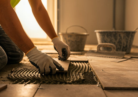 Construction worker laying ceramic tiles on a wall using adhesive and spacers during renovationの写真素材