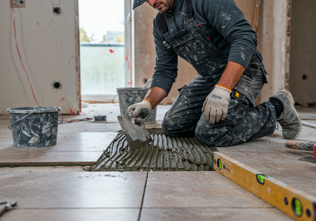 Construction worker laying ceramic tiles on a wall using adhesive and spacers during renovationの写真素材
