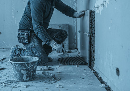 Construction worker laying ceramic tiles on a wall using adhesive and spacers during renovationの写真素材