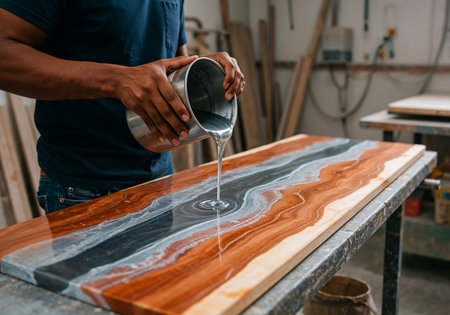 Close-up of artist pouring vibrant blue and green resin onto a wooden round boardの写真素材