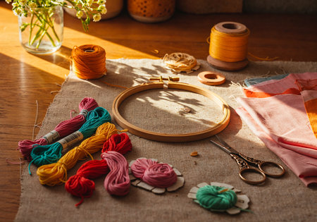 Top view of embroidery tools including hoops, colorful threads, scissors, and fabric swatches