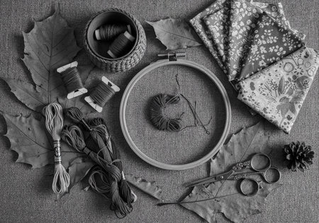 Top view of embroidery tools including hoops, colorful threads, scissors, and fabric swatchesの写真素材