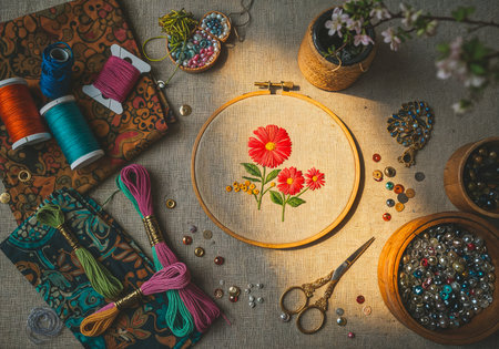 Top view of embroidery tools including hoops, colorful threads, scissors, and fabric swatchesの写真素材