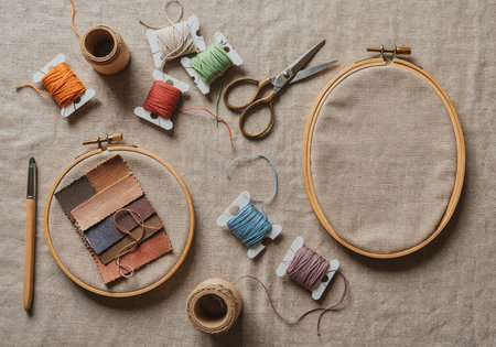 Top view of embroidery tools including hoops, colorful threads, scissors, and fabric swatches