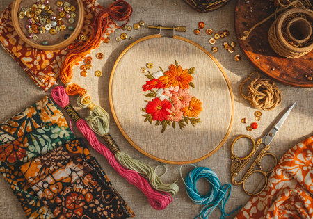 Top view of embroidery tools including hoops, colorful threads, scissors, and fabric swatchesの写真素材