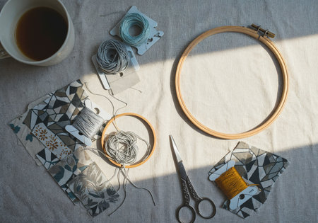 Top view of embroidery tools including hoops, colorful threads, scissors, and fabric swatchesの写真素材