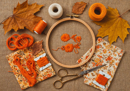 Top view of embroidery tools including hoops, colorful threads, scissors, and fabric swatchesの写真素材