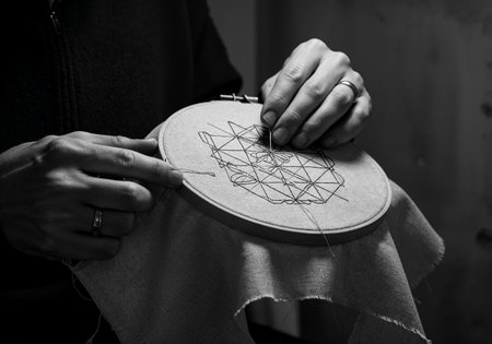 Top view of embroidery tools including hoops, colorful threads, scissors, and fabric swatchesの写真素材