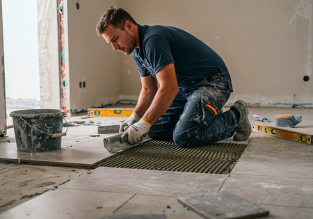 Construction worker laying ceramic tiles on a wall using adhesive and spacers during renovationの写真素材