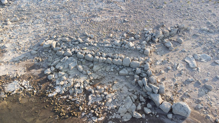 Ancient nuraghe and giants' tomb submerged by Monte Prano lake in Tratalias Sardinia
