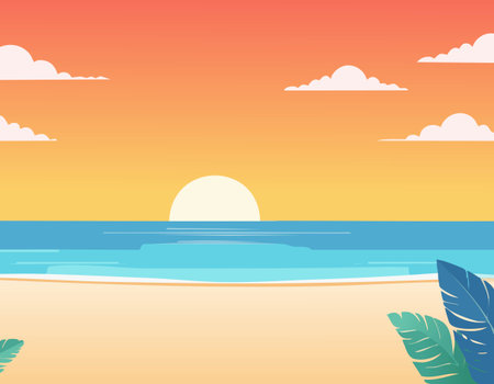 Sunset on the beach. Vector illustration in flat cartoon style.のイラスト素材