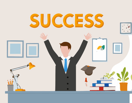 Success concept. Businessman with hands up. Vector illustration in flat styleのイラスト素材