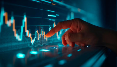 Finger pointing at digital stock market chart with blue financial data visualizationの素材