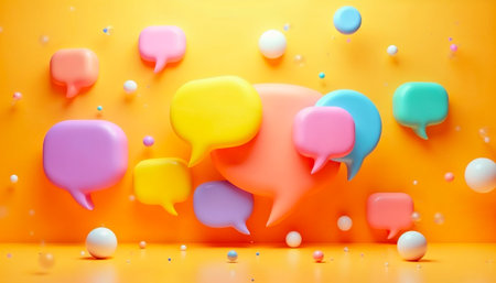 Colorful 3D chat bubbles with playful abstract elements on pastel backgroundの素材