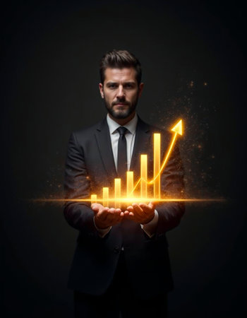 Businessman holding glowing golden bar chart with upward arrow symbolizing growthの素材