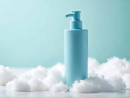 Blue dispenser bottle with white pump surrounded by fluffy foamの素材