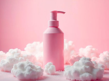 Pink dispenser bottle with white pump surrounded by fluffy foamの素材