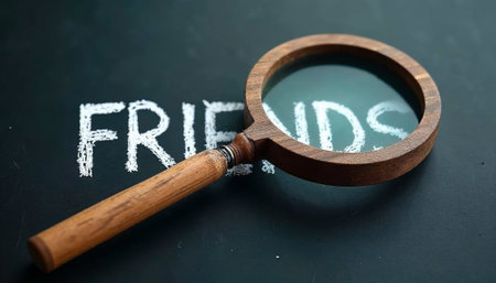 Magnifying glass focusing on the word Friends written in white chalk on blackboardの素材