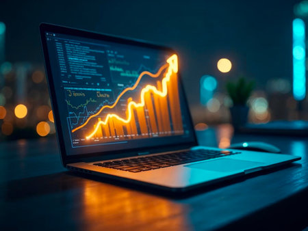 Laptop screen displaying glowing upward financial chart with city lights in backgroundの素材