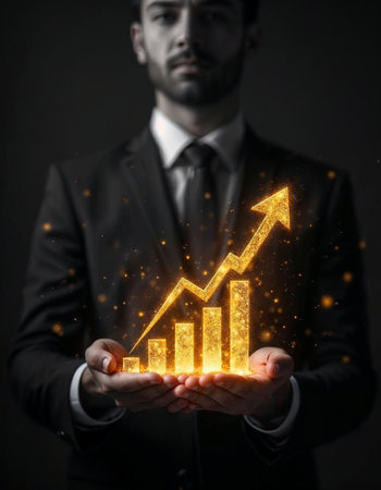 Businessman holding glowing golden bar chart with upward arrow symbolizing growthの素材