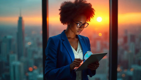 Magnifying glass focusing on digital financial chart with market data and analysisの素材