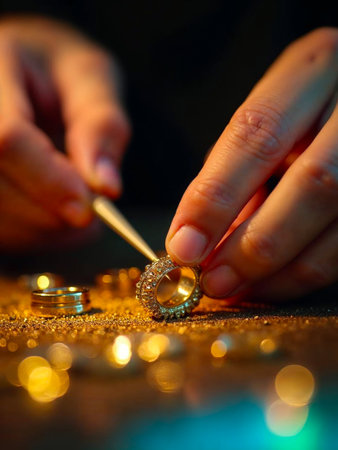 Jeweler making wedding ring on golden background with bokehの素材