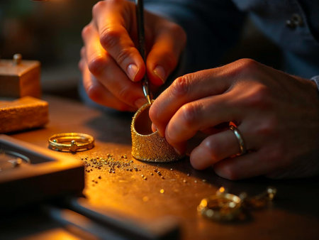 Jeweler working with golden ring in his workshop, closeupの素材