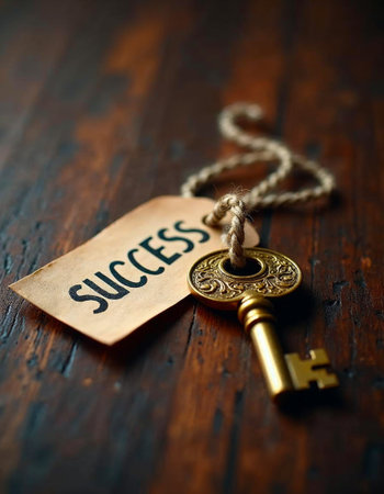 Golden key with success tag on wooden backgroundの素材