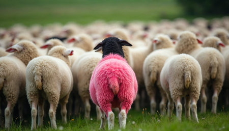Pink sheep standing out in a flock of white sheep in green pastureの素材