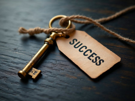 Golden key with success tag on wooden backgroundの素材