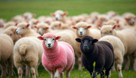 Pink sheep standing out in a flock of white sheep in green pastureの素材