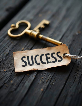 Golden key with success tag on wooden backgroundの素材