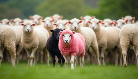 Pink sheep standing out in a flock of white sheep in green pastureの素材