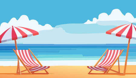 Beach chairs on the sand. Vector illustration in flat style.のイラスト素材