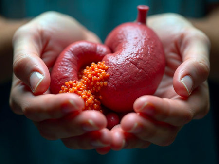 Human pancreas in hands with infection cells medical illustrationの素材