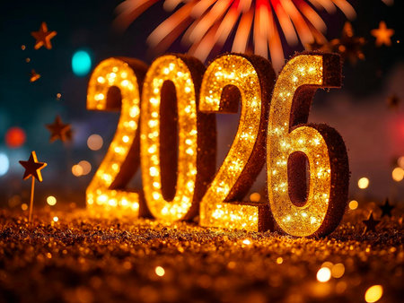 Glittering happy new year 2026 with glowing sparkles and colorful fireworksの素材