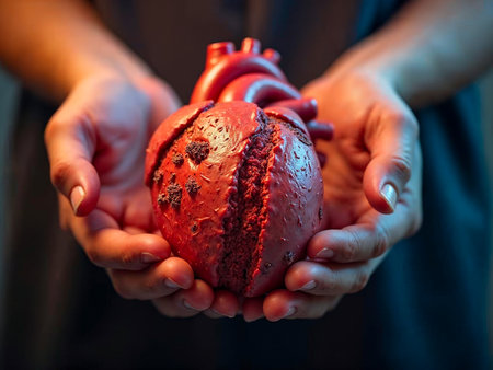 Human heart in hands with virus like infection artistic conceptの素材