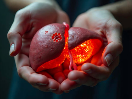Human liver in hands showing infection or disease medical conceptの素材