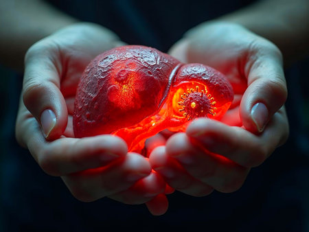 Anatomical liver model with visible infection cells in human handsの素材