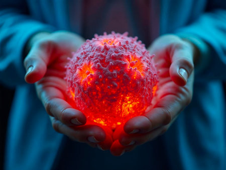 Human heart in hands with virus like infection artistic conceptの素材