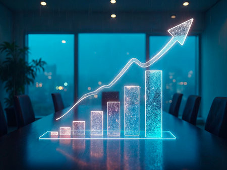 Business growth chart for 2026 displayed on large office screenの素材