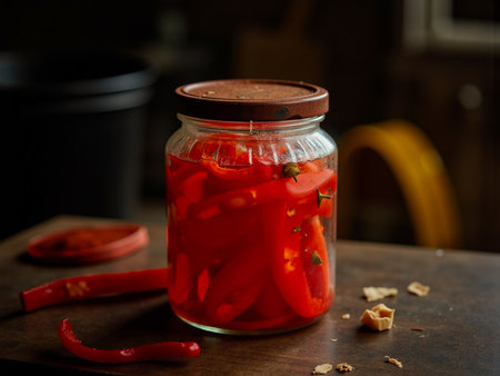 Glass jar filled with sliced red peppers preserved in brineの素材