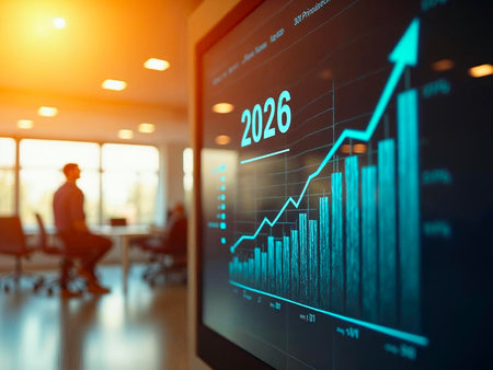 Business growth chart for 2026 displayed on large office screenの素材