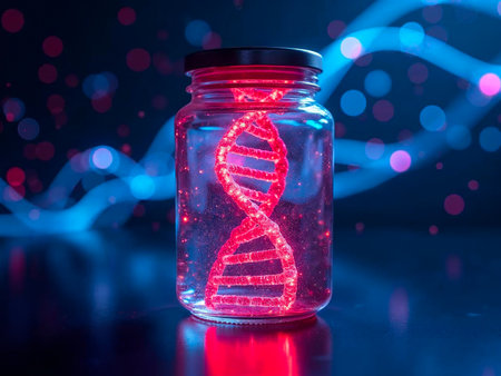 Glowing DNA strand inside glass jar with neon lightsの素材