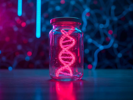 Glowing DNA strand inside glass jar with neon lightsの素材