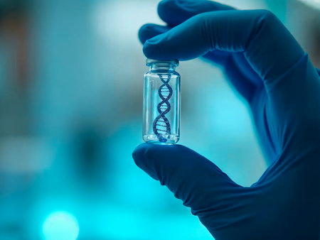 Scientist holding capsule with blue DNA strand in laboratoryの素材
