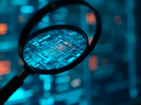 Magnifying glass over electronic circuit board for technology inspectionの素材