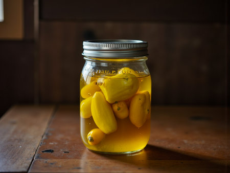 Close up of yellow pickled vegetables in glass jar with sealed lidの素材