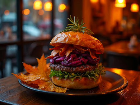 Gourmet autumn burger with red cabbage and herbs on black plateの素材