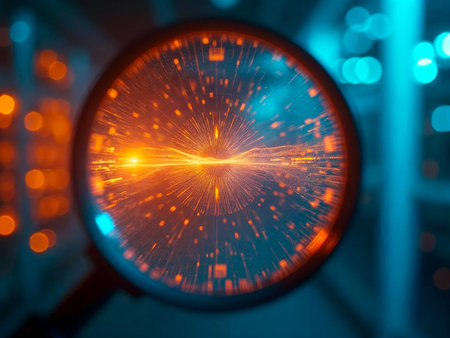 Magnifying glass over electronic circuit board for technology inspectionの素材